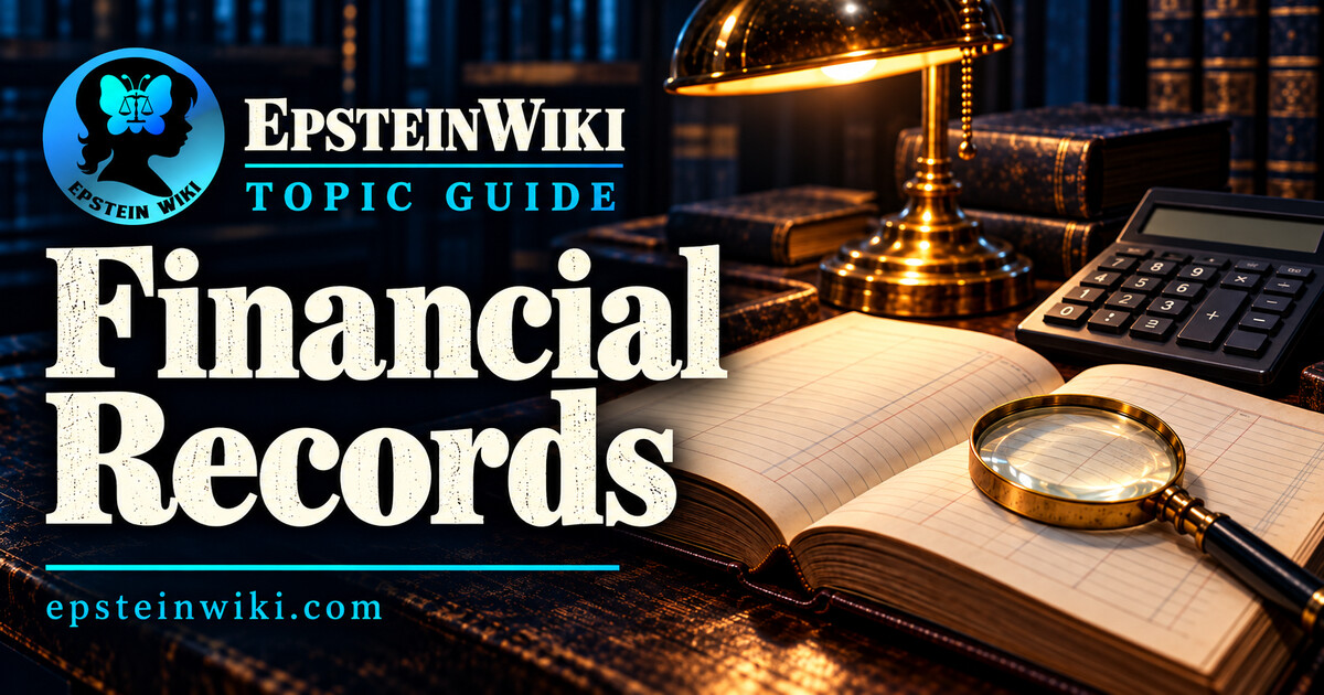 EpsteinWiki Financial Records topic guide banner with a calculator, blank accounting ledger and magnifying glass on a lamp-lit archival desk.