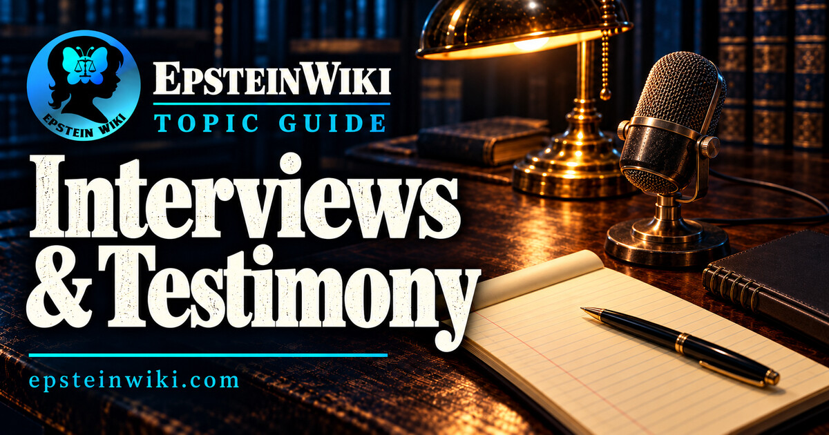EpsteinWiki Interviews & Testimony topic guide banner with a tabletop microphone, blank ruled notepad and pen on an archival desk.