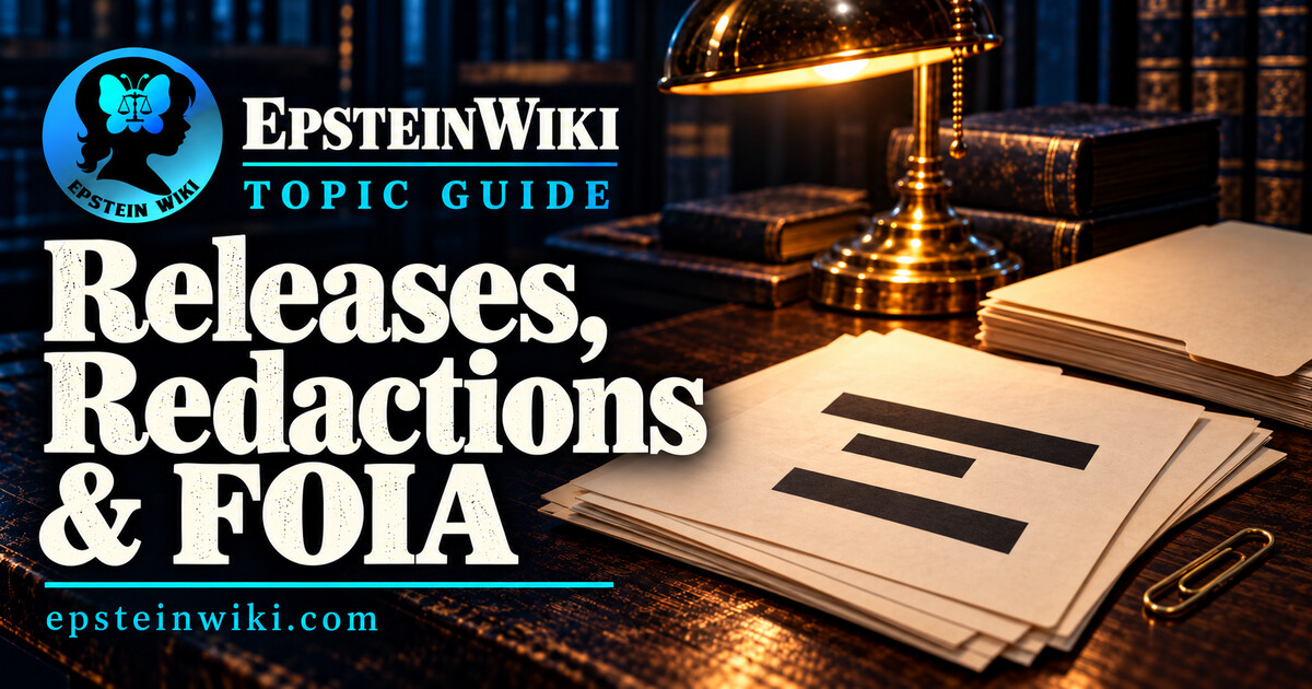 EpsteinWiki Releases, Redactions & FOIA topic guide banner with symbolic black redaction bars on otherwise blank pages and archival folders.