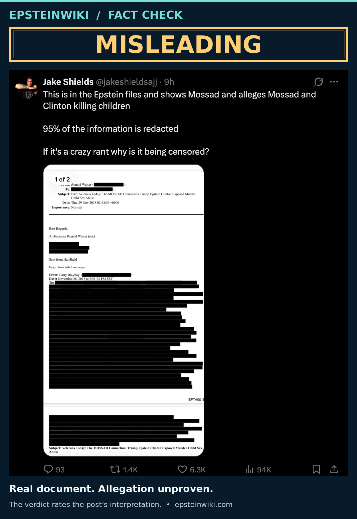 Jake Shields post screenshot surrounded by EpsteinWiki branding and a MISLEADING stamp; the rating concerns the interpretation, while the underlying DOJ document is genuine.