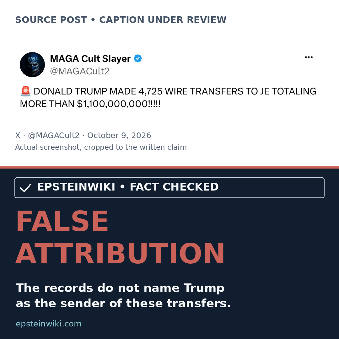 Screenshot of the MAGACult2 post claiming Trump made 4,725 transfers to Epstein, with EpsteinWiki Fact Checked verdict: False attribution.