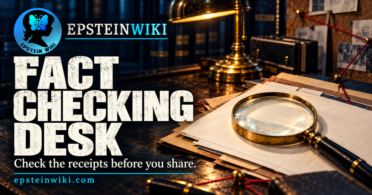 EpsteinWiki Fact Checking Desk graphic with the blue justice-butterfly logo, cream title lettering and a brass magnifying glass resting on archival papers.