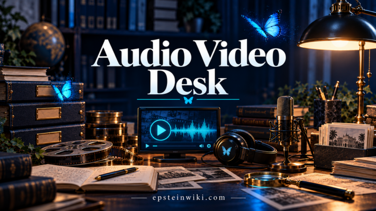 Audio Video Desk with recording equipment and cyan butterflies