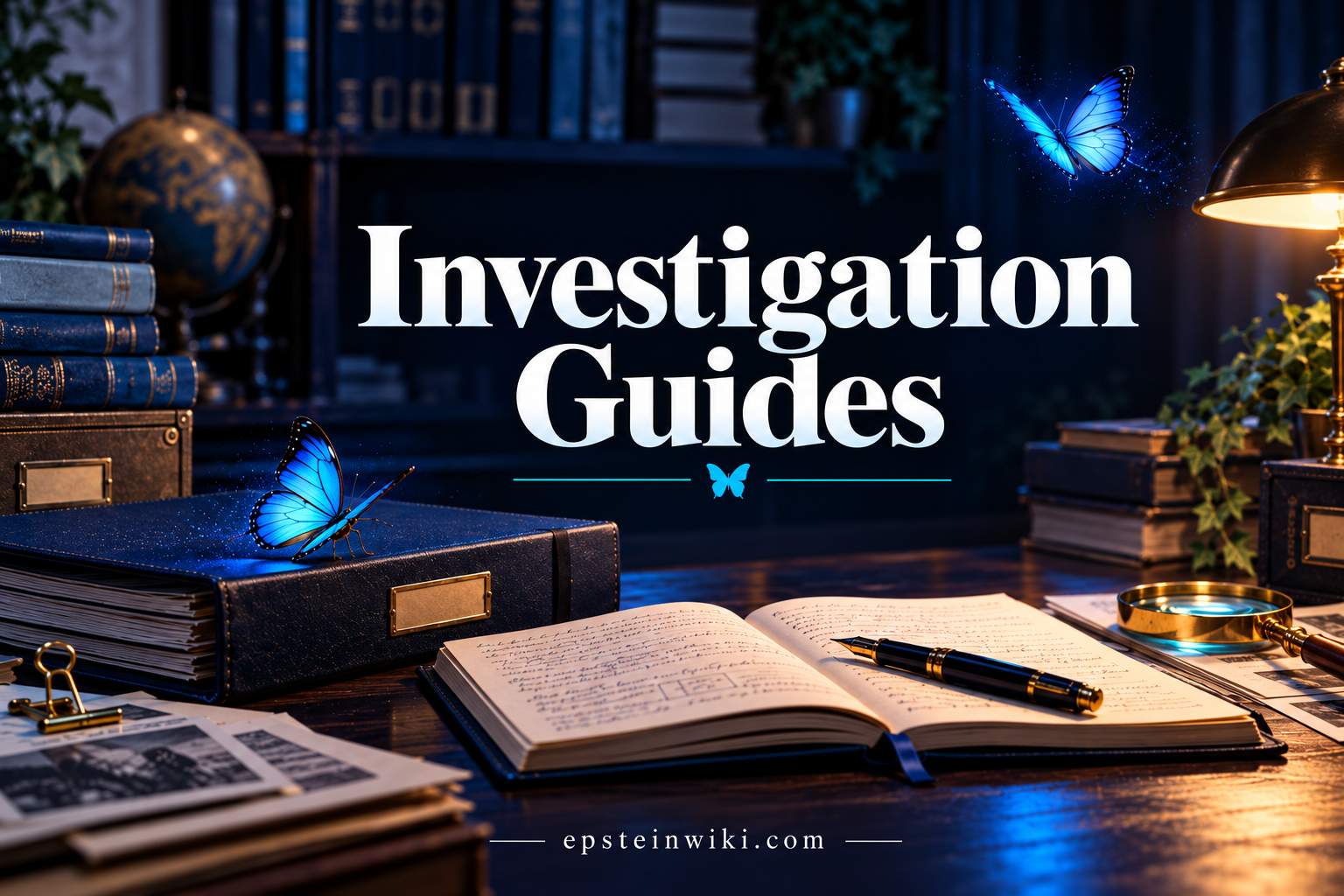 Investigation Guides banner with archive books, an open notebook and blue butterflies