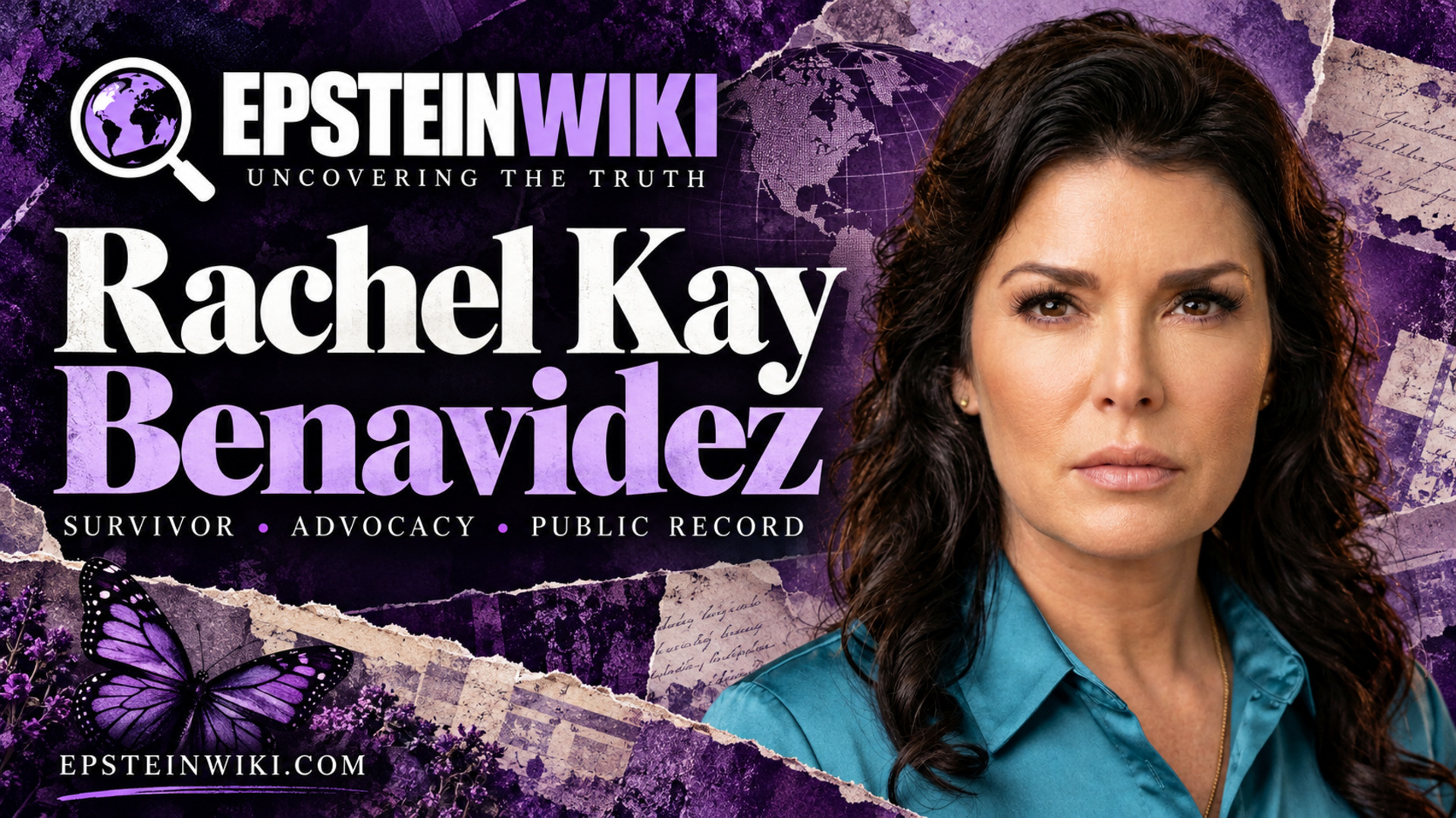 Rachel Kay Benavidez in a full-width purple EpsteinWiki editorial banner