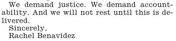 Closing paragraph and printed name from Rachel Benavidez’s letter in the May 26, 2026 Congressional Record.