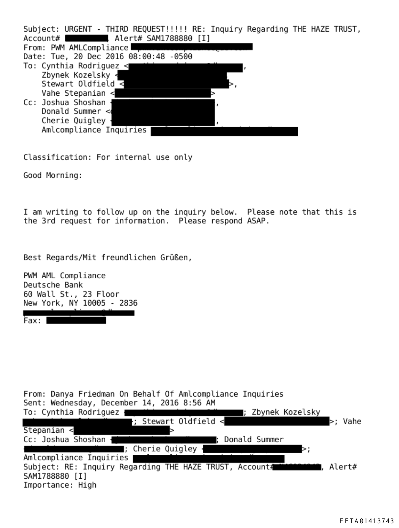 First page of EFTA01413743, Deutsche Bank’s December 20, 2016 third request about the Haze Trust, with original redactions preserved.