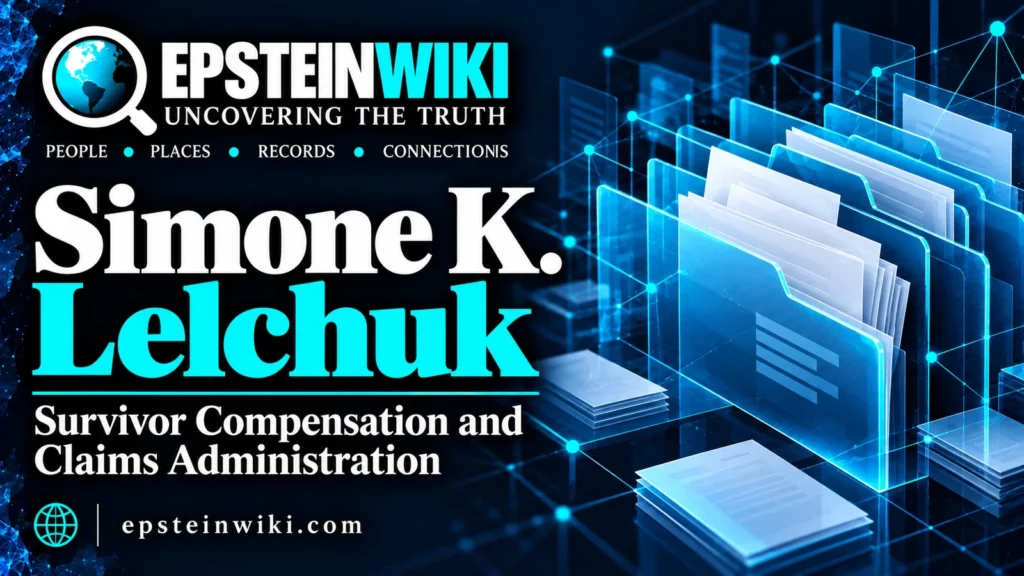 EpsteinWiki banner for Simone K. Lelchuk: Survivor Compensation and Claims Administration, with abstract cyan folders and papers.