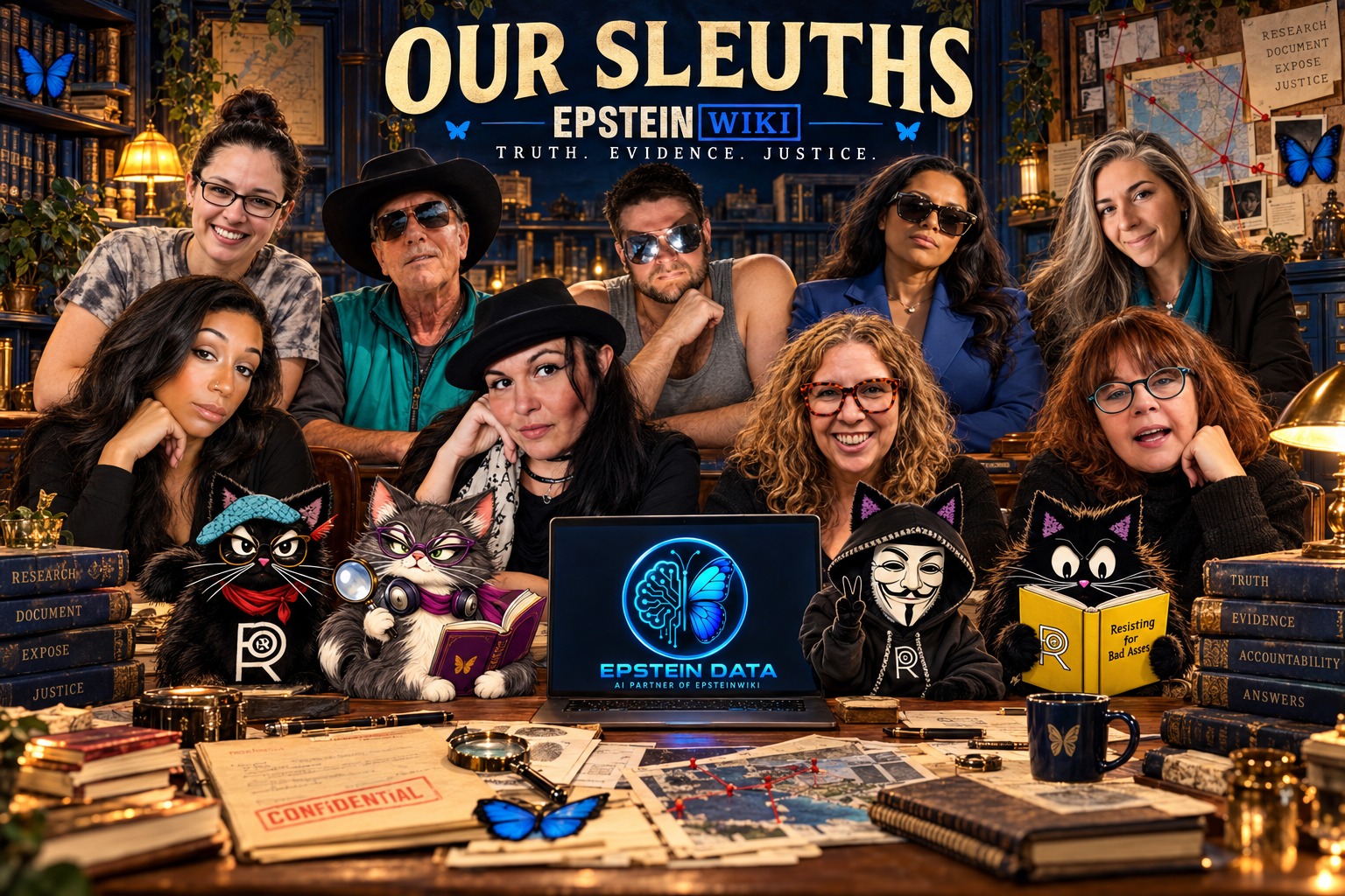 Our Sleuths team collage with contributor portraits and cat mascots in the EpsteinWiki archive