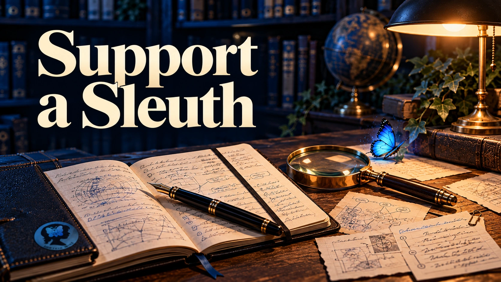 Support a Sleuth — a notebook, source cards and magnifying glass